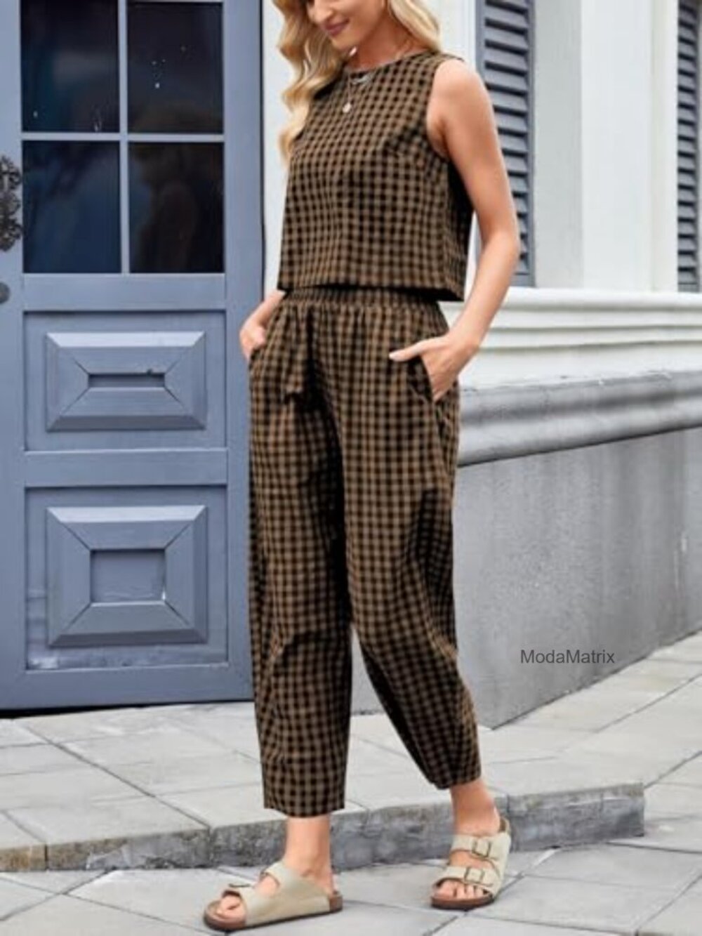 Cotton Gingham 2 Piece Outfit Summer Tank Top Pants Matching Lounge Set - Picture 5 of 7